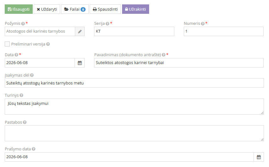 Įsakymo KT kūrimo langas